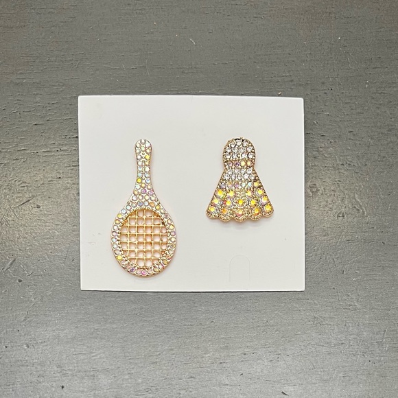 🎾Gold Badminton Racket Set w/ Pink Pastel Aurora Borealis Crystals 2” Earrings - Picture 1 of 4